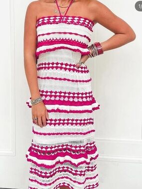 Striped Crochet Tube Maxi Dress in White and Magenta